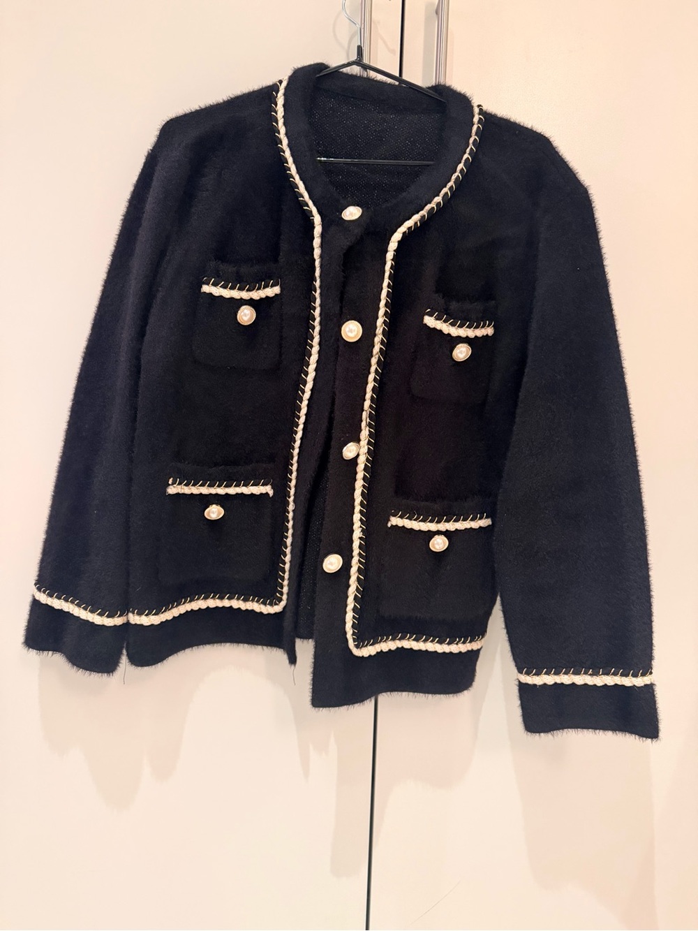 Black Knit Button-Front Jacket with Ivory Trim
